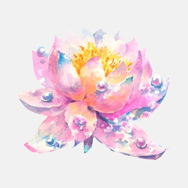 Flor de lirio de agua rosa con gotas de rocío, Ilustración de vector de acuarela aislado sobre fondo blanco.