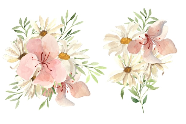 Flor de lirio rosa pastel suave bohemio con flor de margarita blanca y ramo de acuarela de hoja vintage