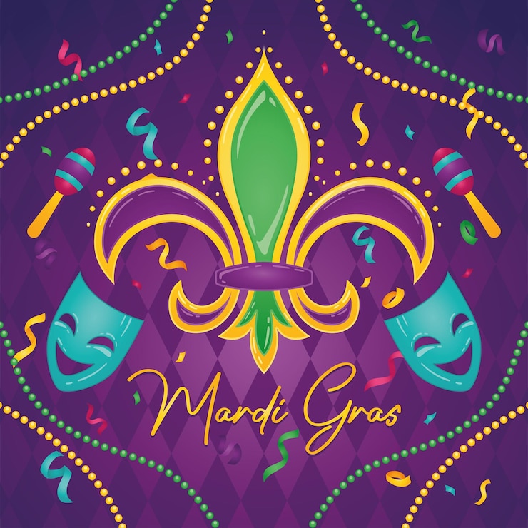 Vector flor de lis de color aislado y máscaras venecianas cartel de mardi gras vector