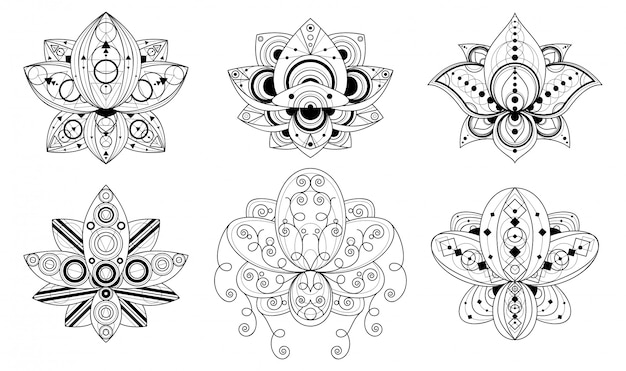 Flor de loto con conjunto de ilustraciones lineales de ornamento geométrico