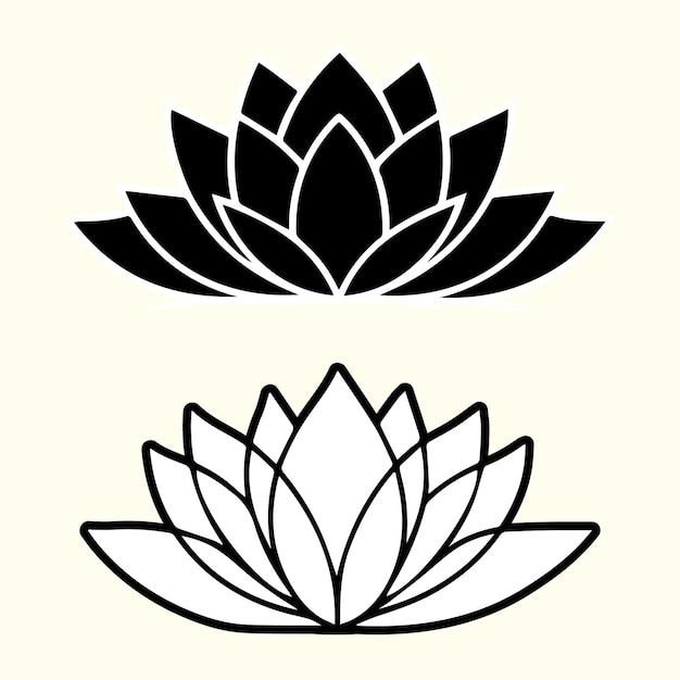 Flor de loto Diseño simétrico en blanco y negro con pétalos detallados y arte de líneas minimalistas