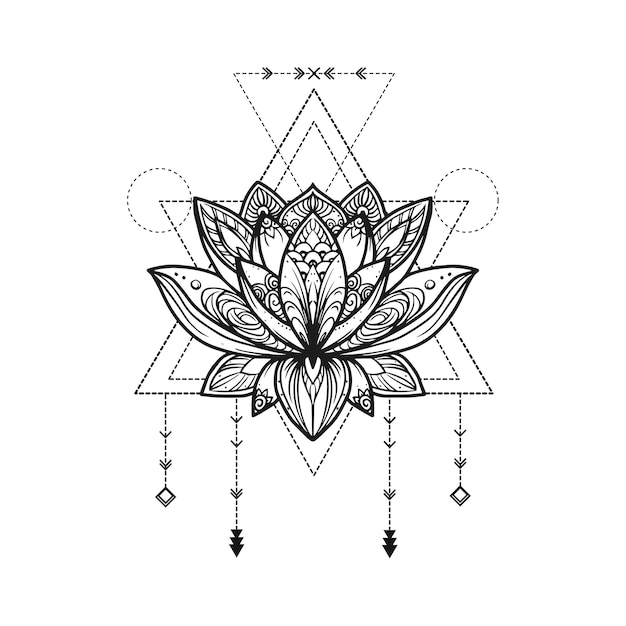 Flor de loto de filigrana vector ilustración dibujada a mano en signo de geometría secreta