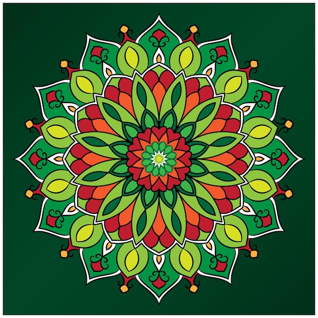 Flor y mandala de color verde y rojo.