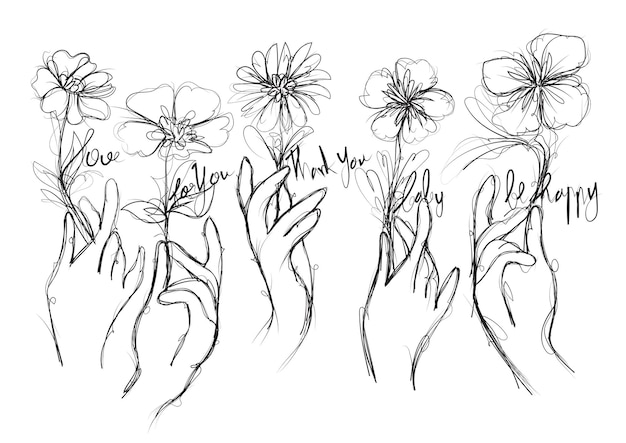Flor en mano dibujo y boceto en blanco y negro