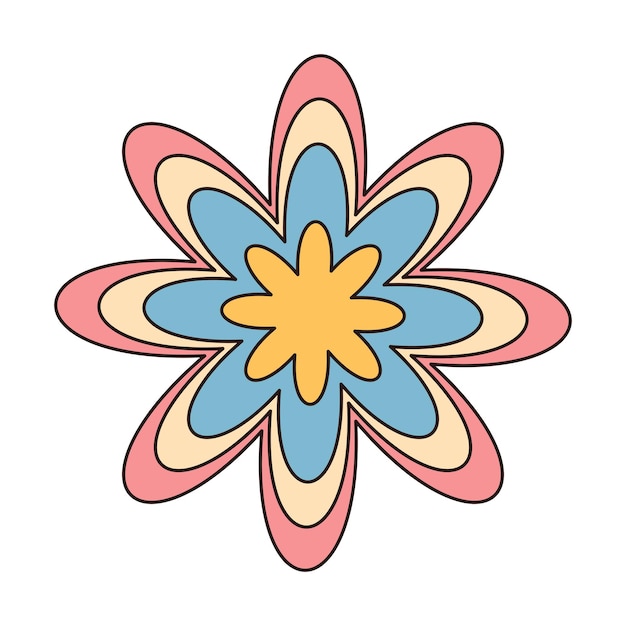 Flor maravillosa hippie Elemento de dibujos animados psicodélico retro Ilustración vectorial aislado en blanco