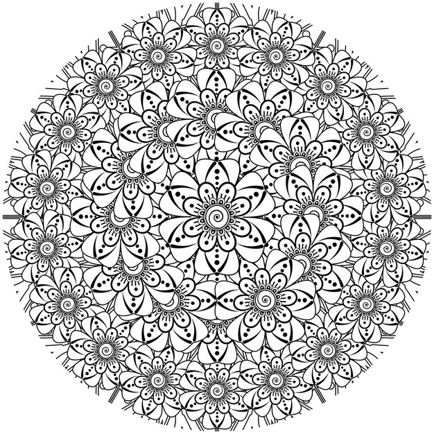 Flor de mehndi para henna, mehndi, tatuaje, decoración, página de libro para colorear.