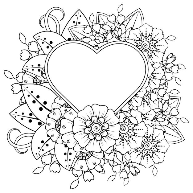 Flor de mehndi con marco en forma de adorno decorativo de corazón en la página para colorear de estilo étnico oriental.