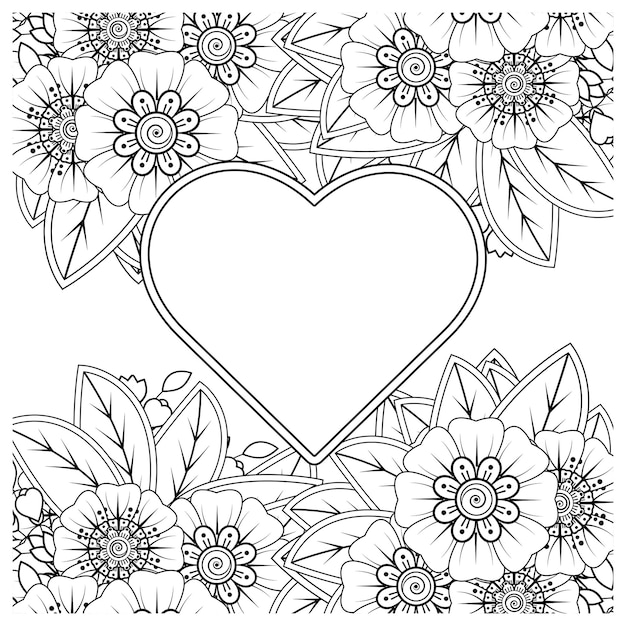 Flor de mehndi con marco en forma de corazón decoración en ornamento étnico oriental doodle