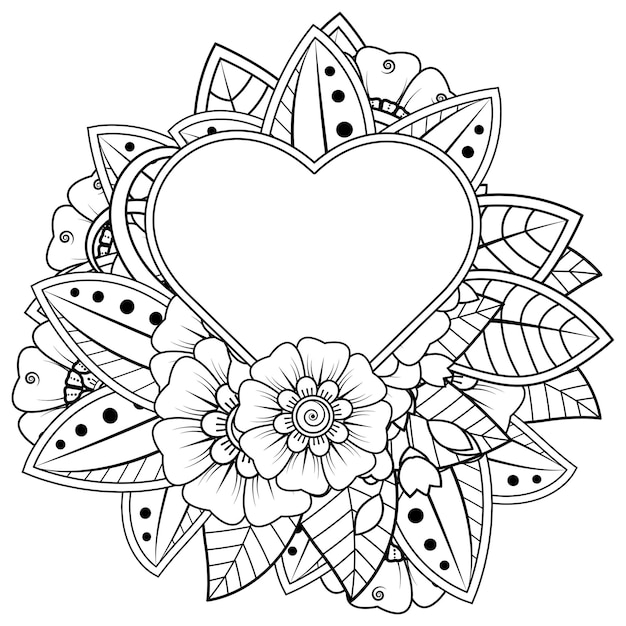 Flor mehndi con marco en forma de corazón decoración en ornamento étnico oriental doodle