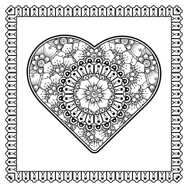 Flor de mehndi con marco en forma de corazón decoración en ornamento étnico oriental doodle