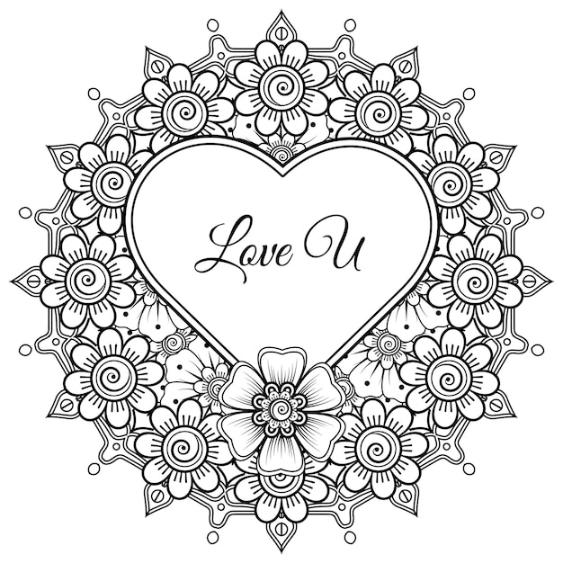 Vector flor de mehndi con marco en forma de corazón decoración en ornamento étnico oriental doodle