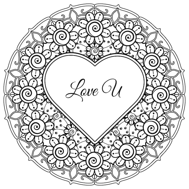Flor de mehndi con marco en forma de corazón decoración en ornamento étnico oriental doodle