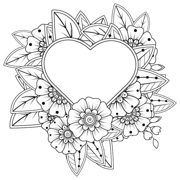 Flor de mehndi con marco en forma de corazón para decoración de tatuajes de henna mehndi