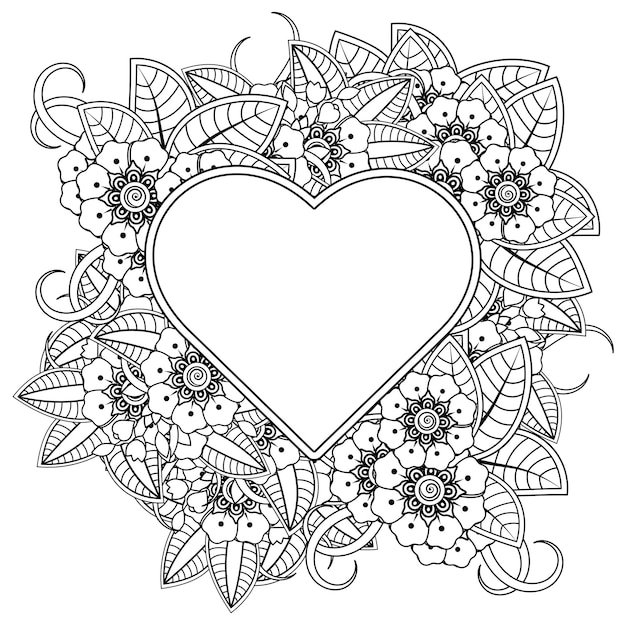 Flor de mehndi con marco en forma de corazón en estilo étnico oriental doodle ornamento página de libro para colorear