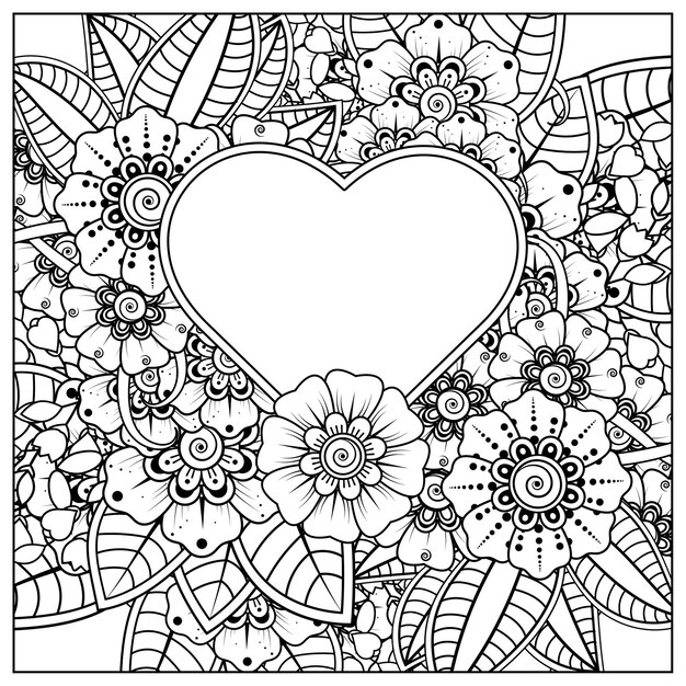 Flor de mehndi con marco en forma de corazón en estilo étnico oriental doodle ornamento página de libro para colorear