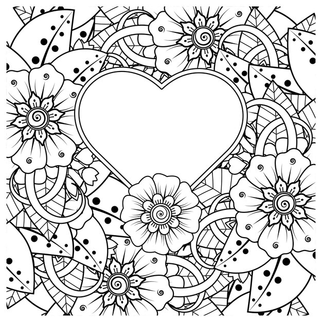 Flor de mehndi con marco en forma de corazón en estilo étnico oriental doodle ornamento página de libro para colorear