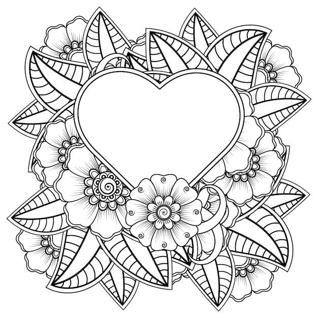 Flor de mehndi con marco en forma de corazón en estilo étnico oriental doodle ornamento página de libro para colorear