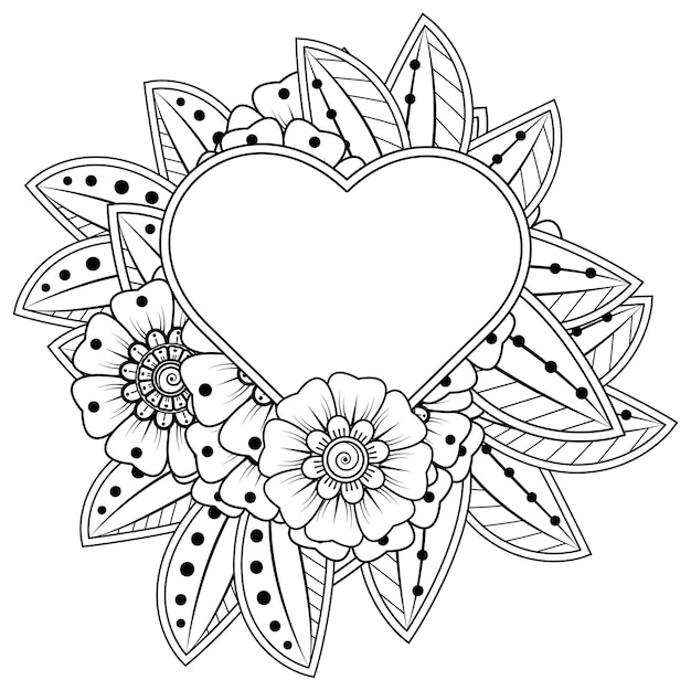 Flor de mehndi con marco en forma de corazón en estilo étnico oriental doodle ornamento página de libro para colorear