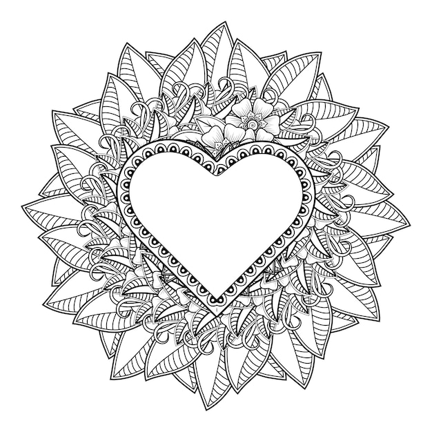 Flor de mehndi con marco en forma de corazón.