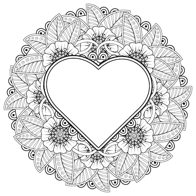 Flor de mehndi con marco en forma de decoración de corazón en adorno de garabato oriental étnico