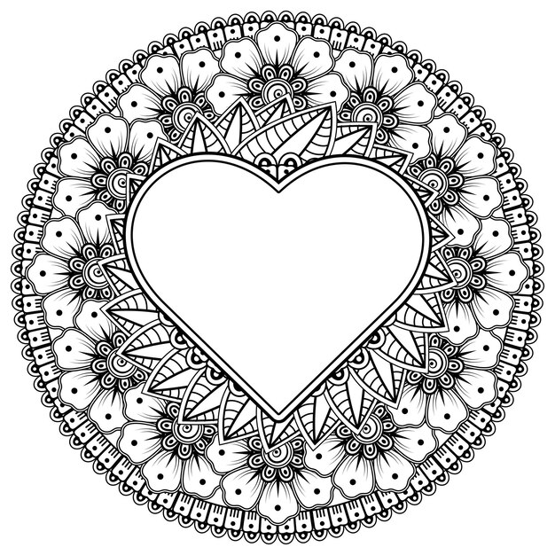 Flor de mehndi con marco en forma de decoración de corazón en adorno de garabato oriental étnico