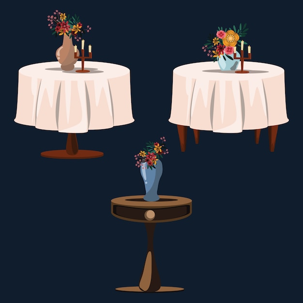 Flor en mesas conjunto ilustración vectorial