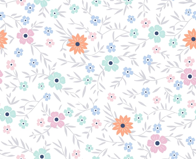 Flor minimalista en varios colores con hojas dibujadas a mano con un patrón sin costuras