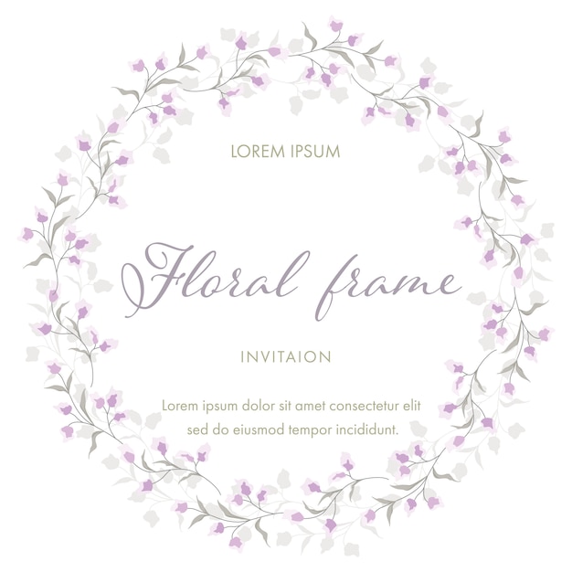 Flor morada para la guirnalda floral del marco. plantilla de tarjeta de invitación de boda