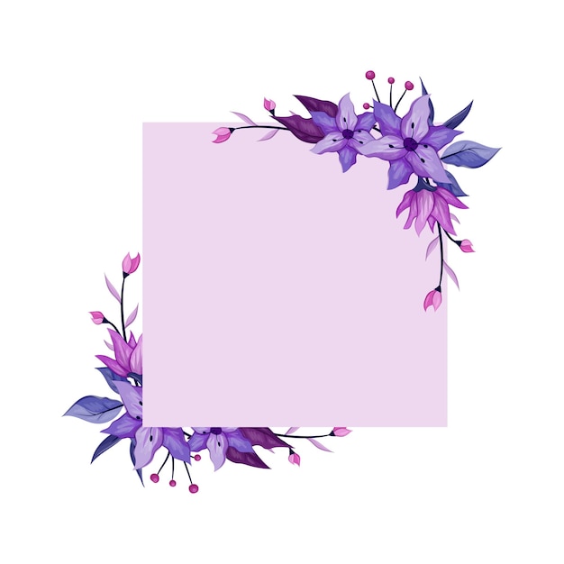 Vector flor morada con línea púrpura acuarela floral marco cuadrado lujosos elementos florales fondo botánico