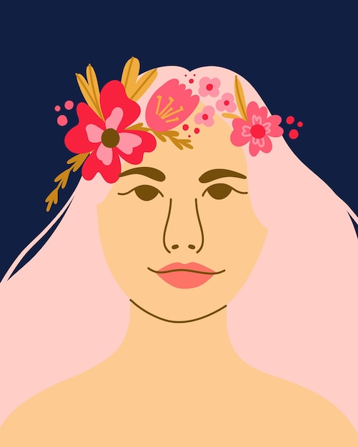 Flor mujer Hermosa niña retrato con flores y hojas en el cabello primavera verano decoración belleza moda impresión Día de la madre Día de San Valentín 8 de marzo glamour tarjeta de felicitación Ilustración vectorial