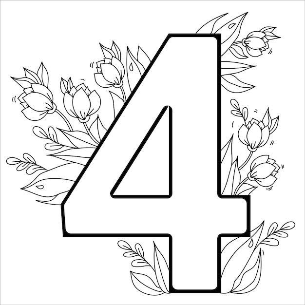 Flor número Cuatro Patrón decorativo 4 con flores tulipanes capullos y hojas Vector Línea contorno