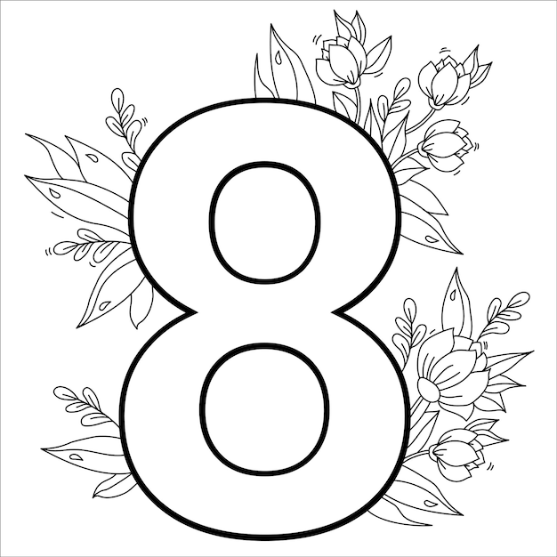Flor número ocho Patrón decorativo 8 con flores tulipanes capullos y hojas Esquema de línea vectorial