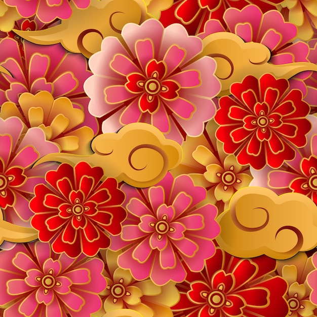 Vector flor de oro rojo rosa chino y nube espiral de fondo transparente.