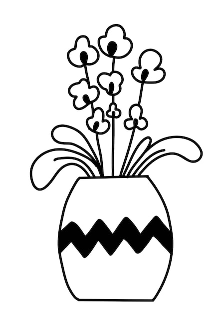 Flor de orquídea en olla en estilo doodle dibujado a mano