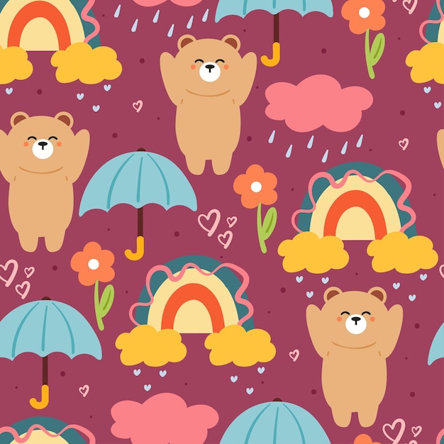 flor de oso de dibujos animados lindo de patrones sin fisuras con cielo púrpura arco iris y nubes