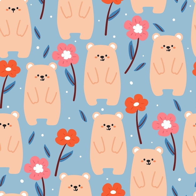flor y oso de dibujos animados lindo de patrones sin fisuras