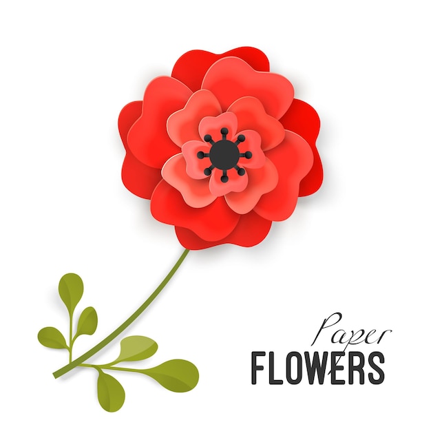 Flor de papel exuberante peonía roja en tallo pequeño con hojas aisladas ilustración vectorial sobre fondo blanco. Esmerado trabajo de origami sobre el tema de las flores.