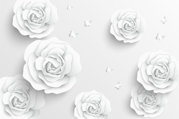 Flor de papel rosas blancas cortadas de papel hermosa mariposa y corazón sobre un fondo blanco