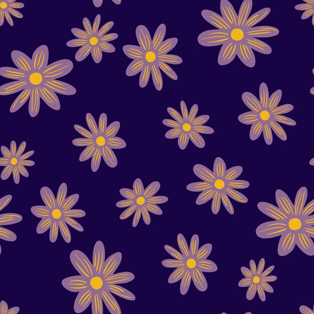 Flor de patrones sin fisuras con adornos de flores de margarita al azar. Fondo morado oscuro. Formas de floración. Diseño gráfico para envolver texturas de papel y tela. Ilustración de vector.