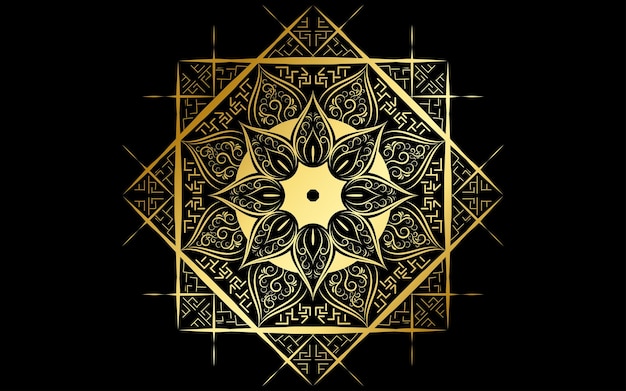 Flor de pétalo de patrón de círculo de mandala con color doradoPatrones de mandala floral de vector diseño único con fondo negroPatrón dibujado a mano