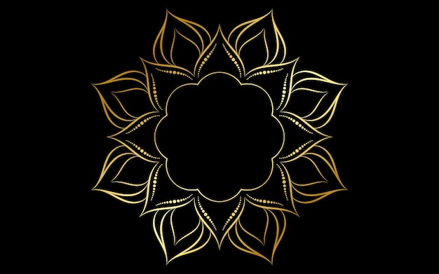 Flor de pétalo de patrón de círculo de mandala con color doradoPatrones de mandala floral de vector diseño único con fondo negroPatrón dibujado a mano