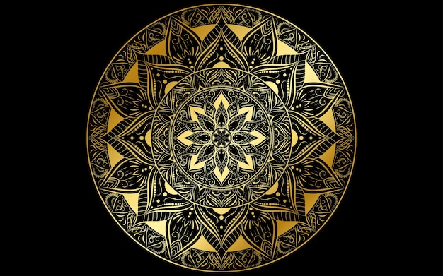 Flor de pétalo de patrón de círculo de mandala con color doradopatrones de mandala floral de vector diseño único con fondo negropatrón dibujado a mano