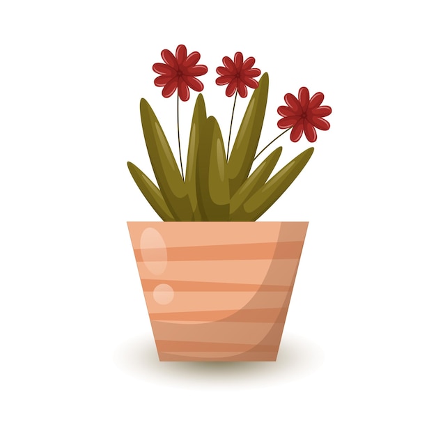 Vector flor con pétalos rojos en una olla de naranja plantas de casa de hoja caduca ilustración vectorial con sombra y