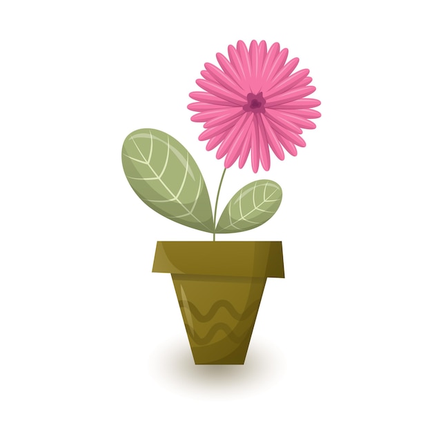 Vector flor con pétalos rosados en una olla verde plantas de interior de hoja caduca ilustración vectorial con sombra