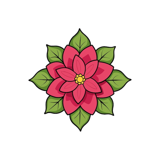 La flor de Poinsettia con pétalos rojos y hojas verdes