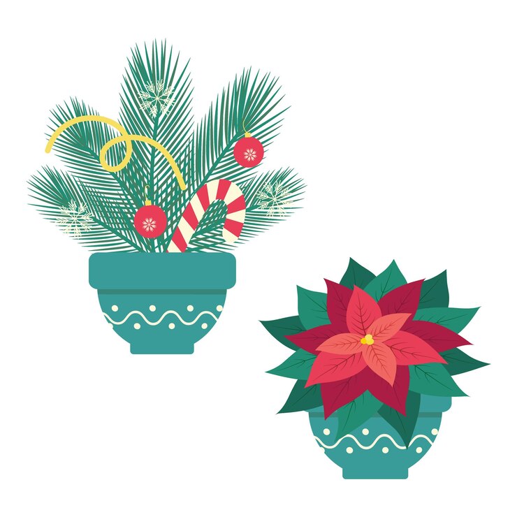 Vector la flor de poinsettia y las ramas del árbol de navidad con caramelos de caña, copos de nieve, juguetes y serpentinas en ollas.