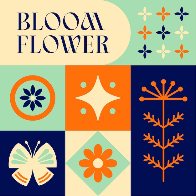 Flor de primavera cartón postal de estilo escandinavo con diseño de concepto limpio retro