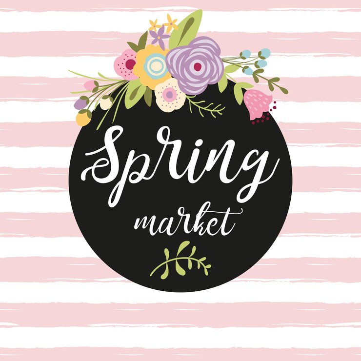 Vector flor primavera composición texto negro círculo forma spring market botanical jardín invitación rosa despojado fondo flor dibujada a mano para imprimir promociones publicidad banner vector ilustración