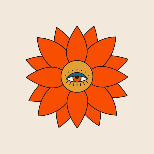 Flor psicodélica vectorial de los años 70 con ojo Elemento gráfico retro maravilloso