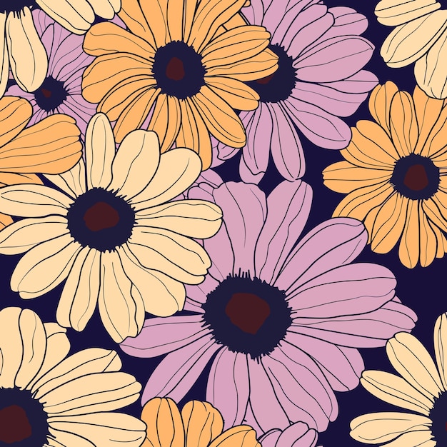 una flor púrpura y amarilla con un fondo púrpura con flores púrpuras y amarillas